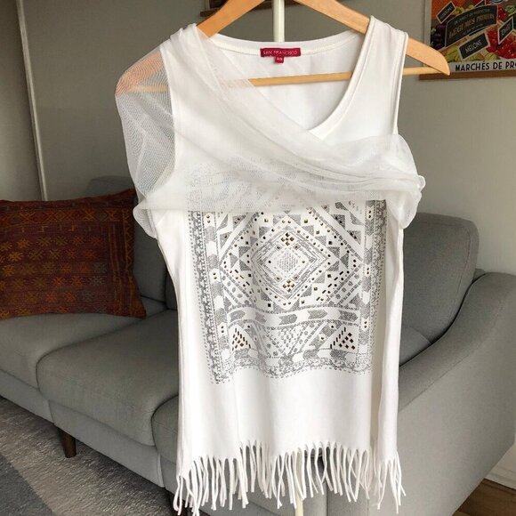 San Fransisco White Fringed Tank Top Sheer Scoop Neck Festival Summer Women's M - Picture 4 of 16
